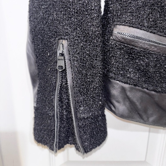 Club Monaco Motorcycle Jacket Womens SZ0 Black Wool Boucle Lambskin Leather Trim - Picture 3 of 11